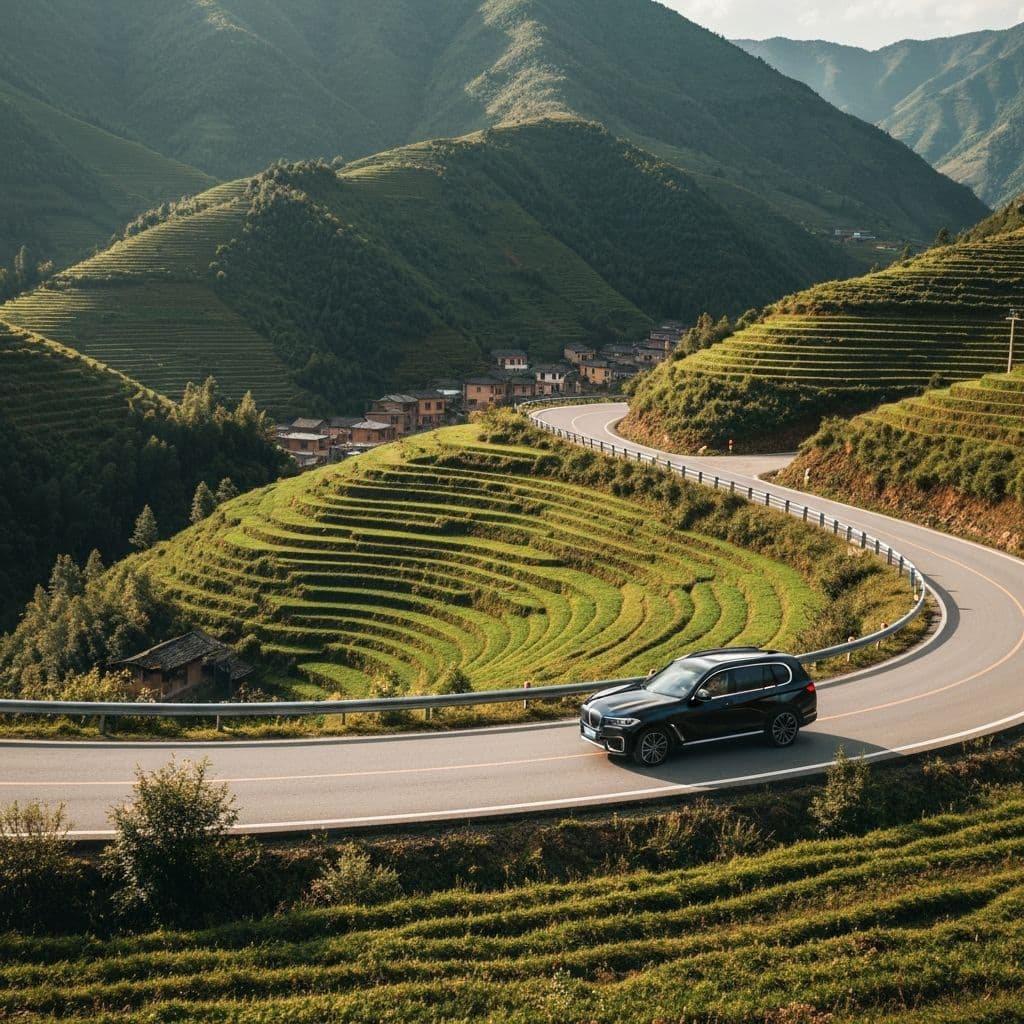 Scenic Chinese mountain road with a luxury vehicle
